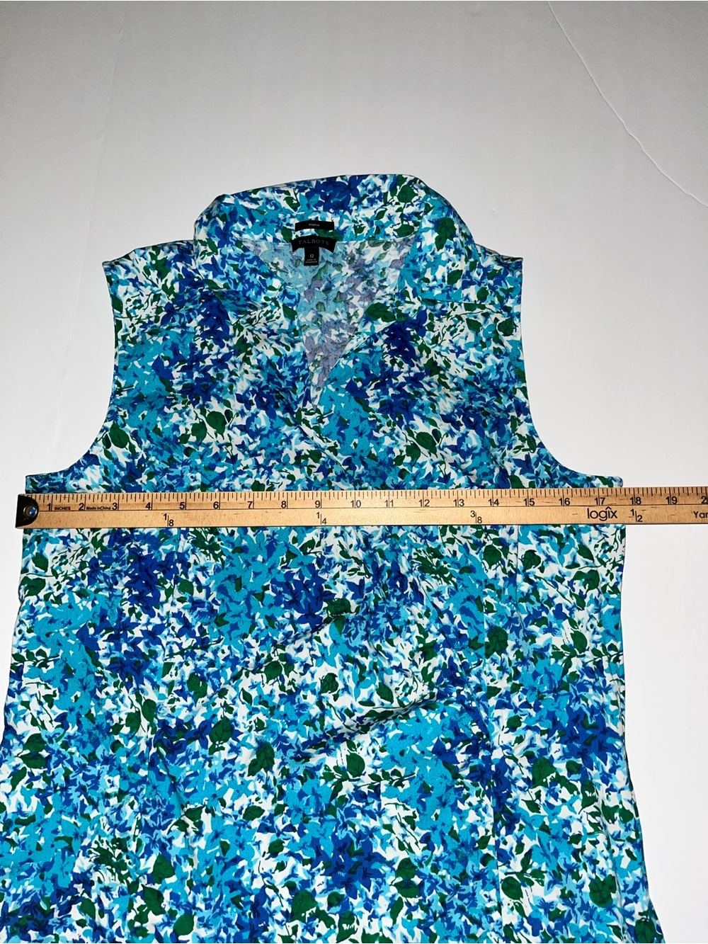 Talbots Sleeveless Faux Wrap Blouse Blue Green Floral Surplice Top Size 12 - Picture 5 of 11